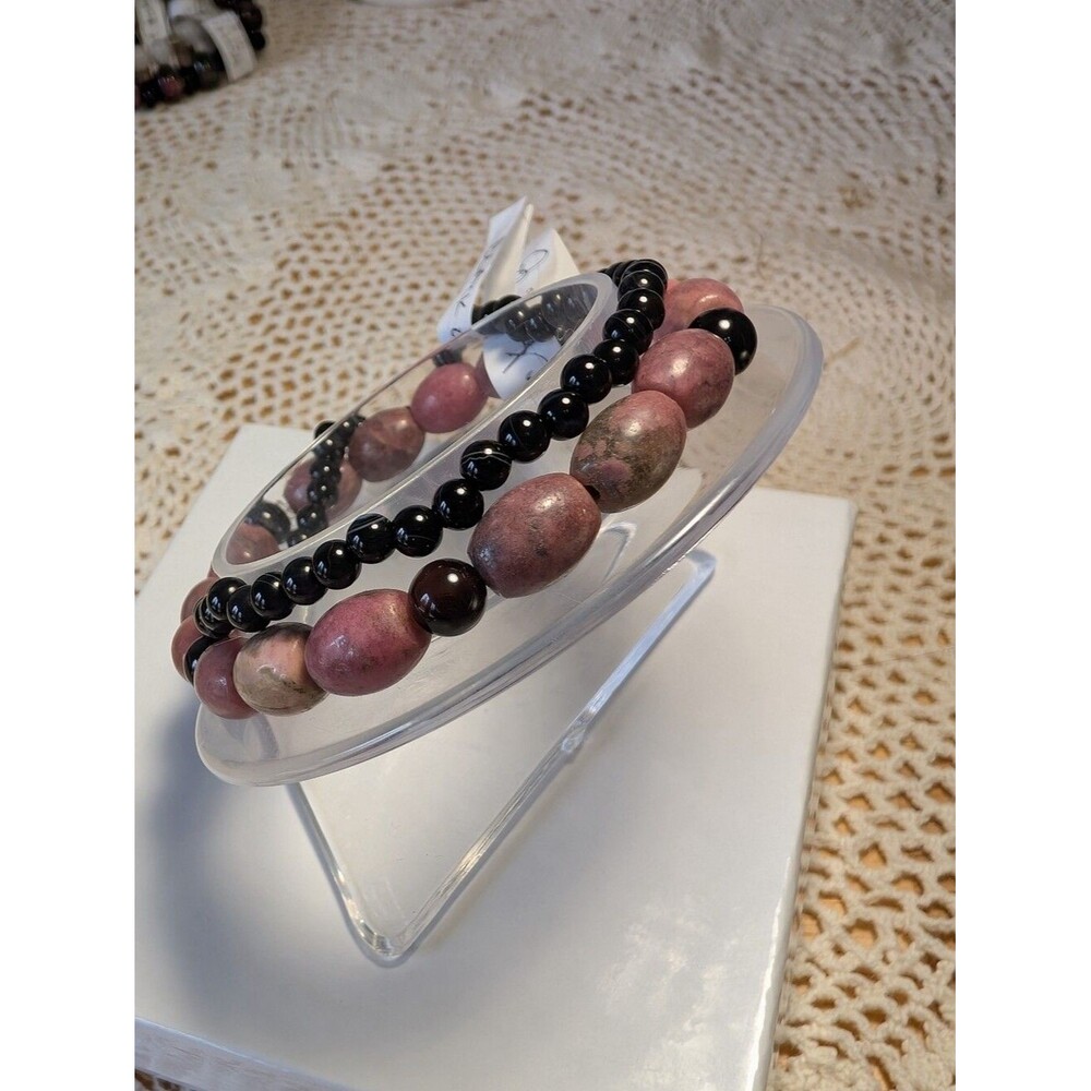 Stretchy Bracelet Set, 8 Inches- Black Onyx, Rhodonite, Black Agate